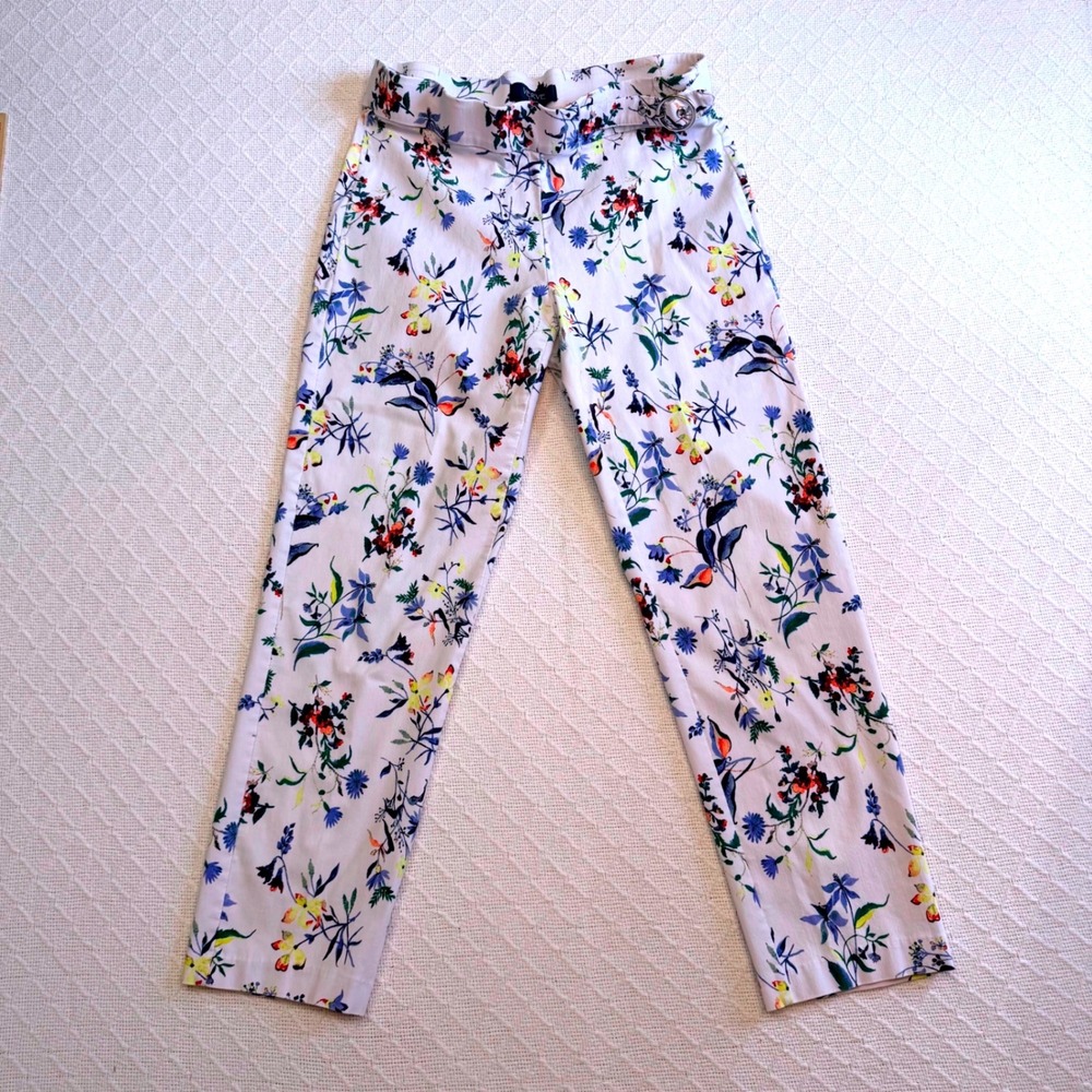 Verve Blues Floral Ankle Pants White Blue Yellow Botanical Stretch Slim Leg 6